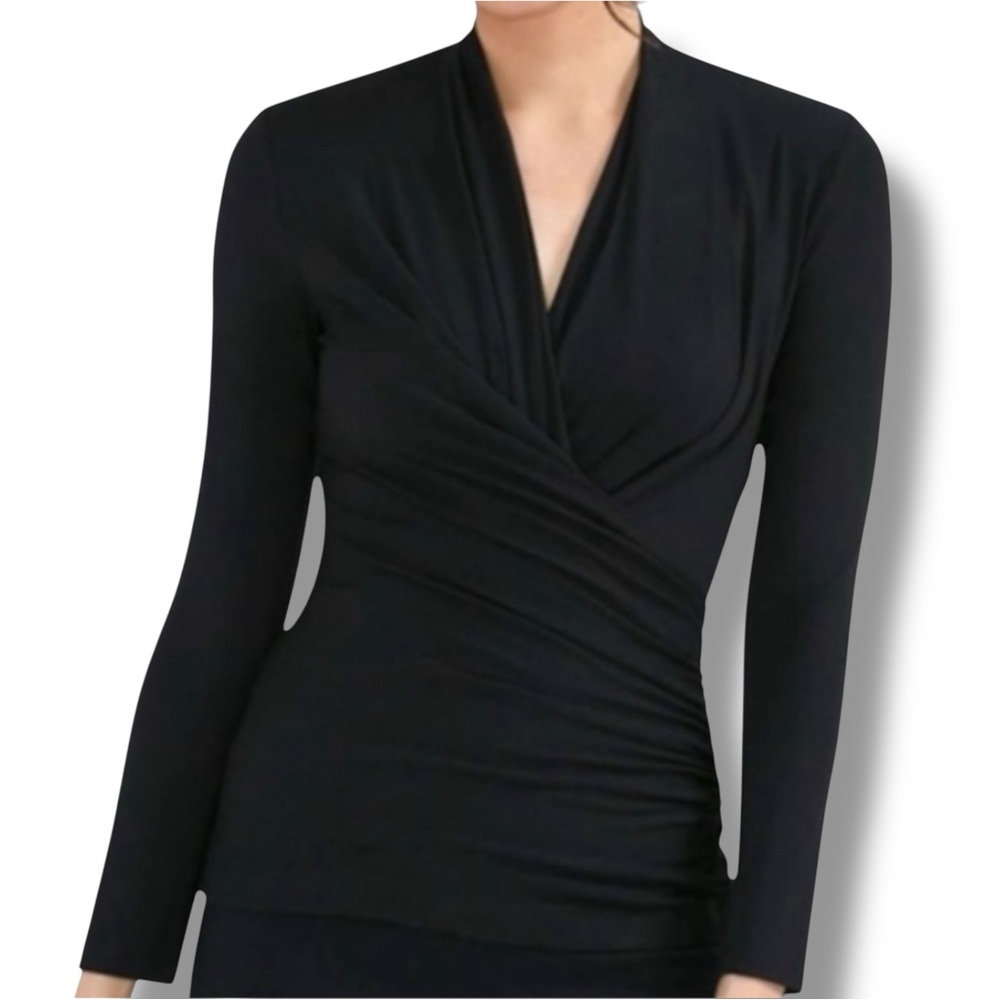 MM Lafleur Fey V Neck Long Sleeve Jersey Faux Wrap Draped Top Black Plus Size 2